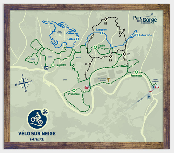 Carte des sentiers - Vélo sur neige (Fatbike) - Parc de la Gorge de Coaticook